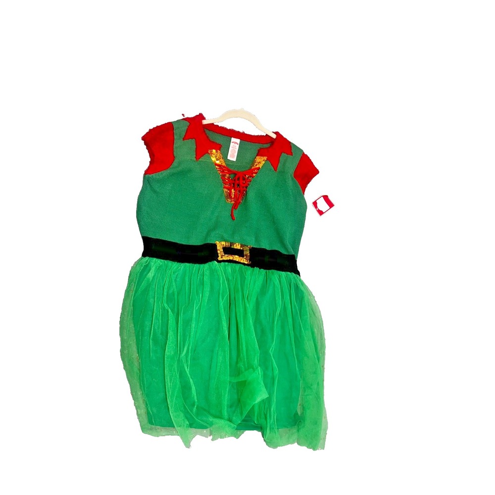 Holiday Time Elf Ugly CHRISTMAS SWEATER DRESS Gold Sequins‎ Green Tulle XL New